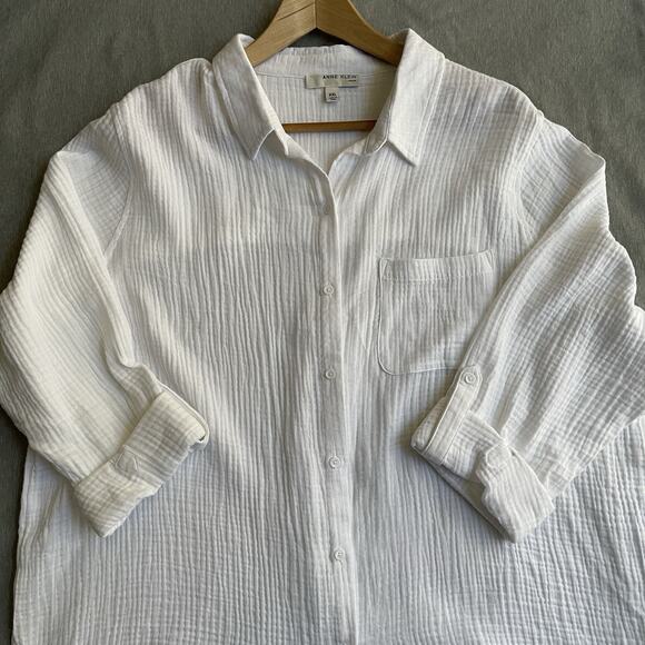 Anne Klein Crinkle Gauze Roll Tab Sleeve Button Down Shirt Size XXL Coastal - Picture 6 of 6